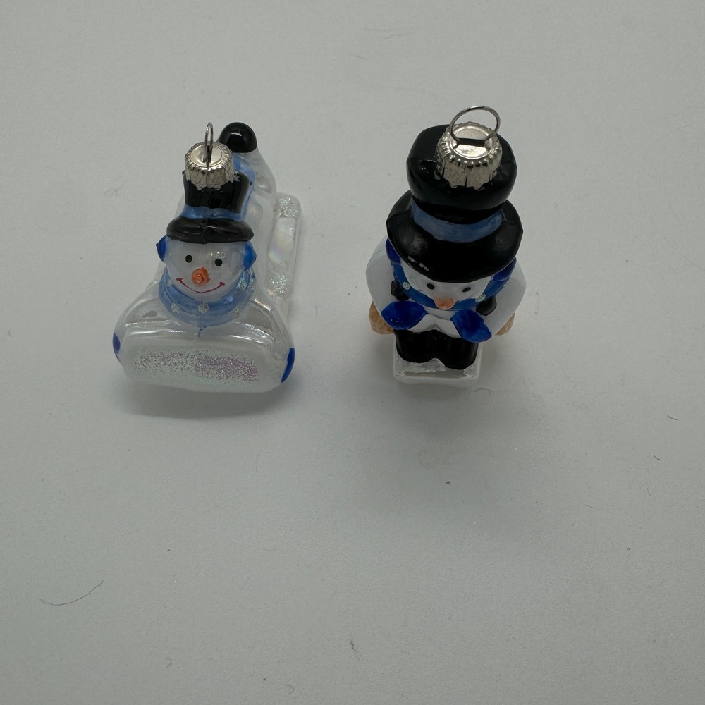 Vintage 2001 Target Snowman Glass Christmas Ornaments Set of 2 Sledding Broom